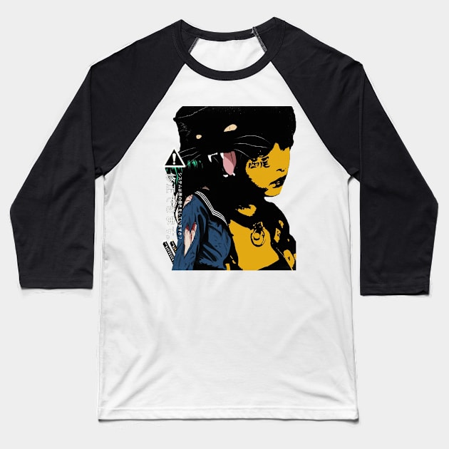 Black Cat Japanese Cyberpunk Baseball T-Shirt by OWLvision33